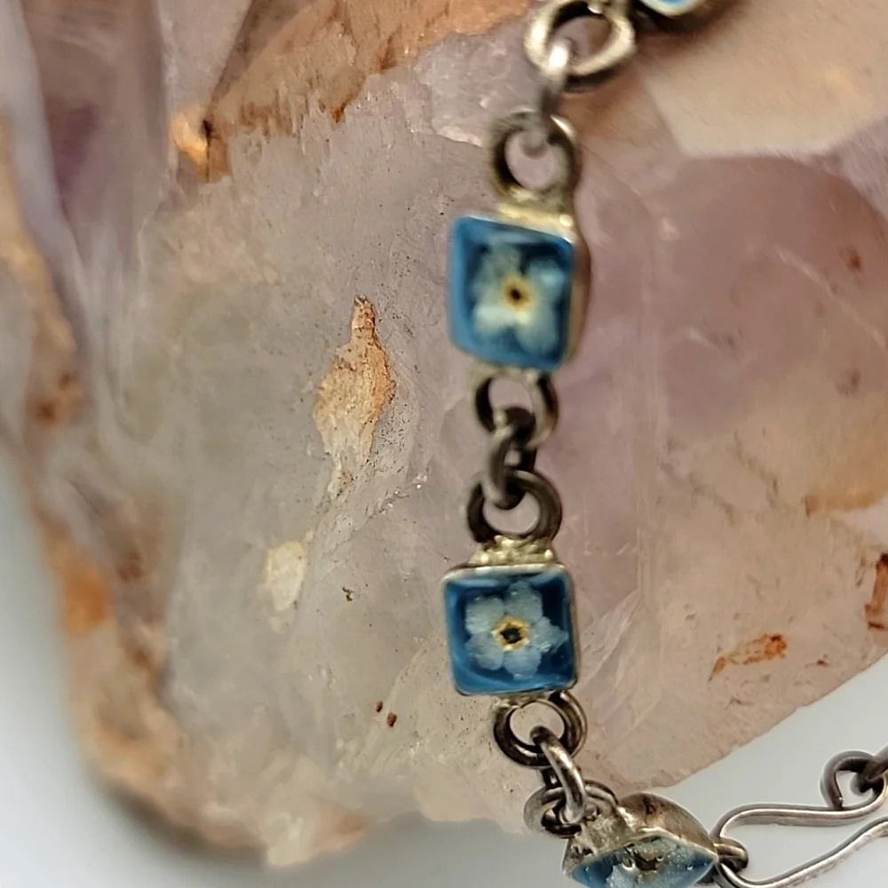 VTG Art Deco Resin Floral Tiny Flowers 925 Signed Sterling Silver Bracelet 14g